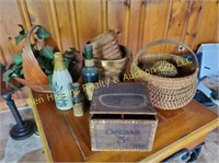 Group of baskets, Bottles, & Cigar Box