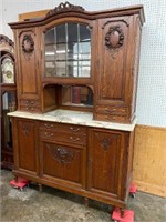 LARGE OAK MARBLE TOP CARVED FRENCH CUPBOARD