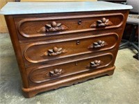 VICTORIAN WALNUT CARVED 3 DRAWER MARBLE TOP CHEST