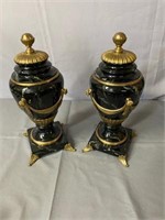 PR OF IRON AND BRASS FOOTED URNS MARBLIZED FINISH