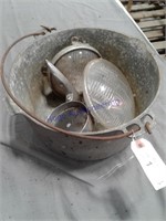 metal pan with handle, headlights