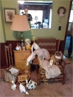 Chair, Oak file cabinet, lamp, mirror