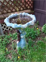Blue concrete bird bath w/ squirrel