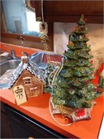 Ceramic Christmas tree & house w/ lights