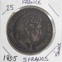 1835  5 Francs France coin, Louis-Philippe,