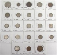 Misc. British and foreign coins, a few are Silver;