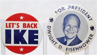 2 Eisenhower Pins: "LET'S BACK IKE", 3" dia.