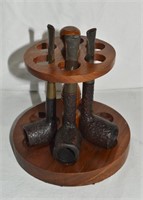 3 Briar Wood Smoking Pipes & Stand