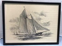 VINTAGE PENCIL DRAWING OF SAILBOAT IN STORM
