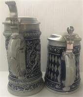 2 BLUE POTTERY STEINS WITH PEWTER LIDS