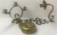 3 PIECE BRASS CANDLE HOLDERS AND LOCK