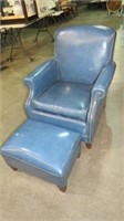 BLUE LEATHER CHAIR W/OTTOMAN