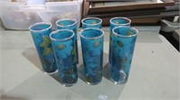 SET 7 FLORAL TALL TEA GLASSES, GREEN/BLUE FLORAL