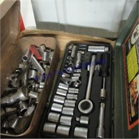 rachet set, tin tool box with misc tools