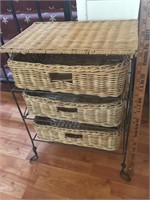 Metal and Wicker Stand w/ 3 Basket Drawers