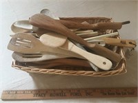 Lot of Wooden Spoons Utensils in Basket