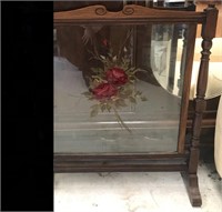 WOOD AND PAINTED GLASS FIREPLACE SCREEN