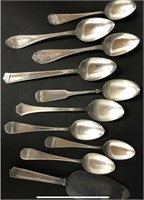 9 ASSORTED SERVING SPOONS AND CAKE KNIFE