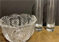 2 GLASS BUD VASES & 1 CRYSTAL CANDY DISH