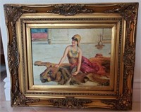 Gilt framed Painting Woman with Lion Rug