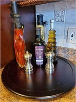 Wood Lazy Susan with Oil bottles and grinder