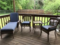 Hampton Bay wicker side table, chairs, & chaise