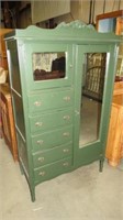 GREEN PAINTED WARDROBE & CHEST W/HAT BOX, 5 DWRS.