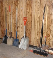 Pile: Hand Tools:  Brooms, Shovels (approx 10 pcs)