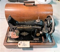 Early Singer Handcrank Sewing Machine in Wooden Ca