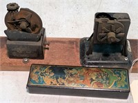 2 Early Unmarked Pencil Sharpeners on Wooden Base,