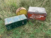 COCA-COLA TIN ESKY, ROUND FUEL TIN & WW2 AMMO BOX