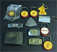 12 PIECE SHELL OIL BELT BUCKLE KEYCHAINS KNIVES