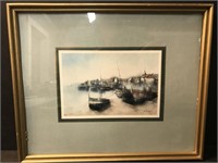 FRAMED PICTURE OF BOATS DOCKED IN HARBOR