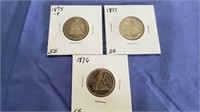 3 Seated Quarters 1875 1876 1877