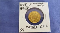 1868 $3.00 GOLD COIN PCGS AU53