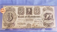 1837 $3.00 Bill Bank of Manchester Michigan