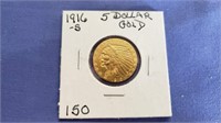 1916S $5.00 GOLD COIN MS60
