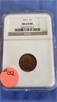 1927P Lincoln Cent NGC Graded MS64 Red/Brown