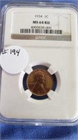1934P Lincoln Cent NGC MS64 Red