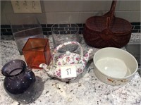 Vases, basket, and dual-spouted teapot