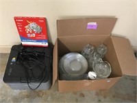 Glass dishes and cups plus printer