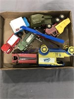 toy trucks, mail truck, fire truck