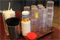 22 Plastic Water Glasses, cups, lids, straws