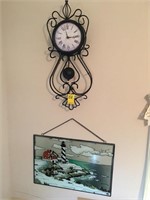 CLOCK AND LIGHT HOUSE, PAINTED GLASS