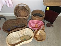 GROUP OF BASKETS AND METAL TRASH CAN