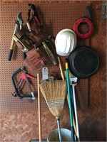 BROOMS, CHAIN, TOOL POUCHES, BUCKETS, &MISC