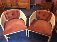 Two velvet caned wood chairs