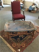 Glass top bamboo table, rug, chair