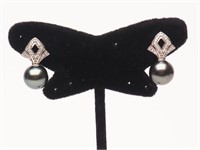 14K WG, Black Tahitian Pearl & Diamond Earrings