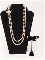 Faux Pearl Necklace Earring Brooch Set